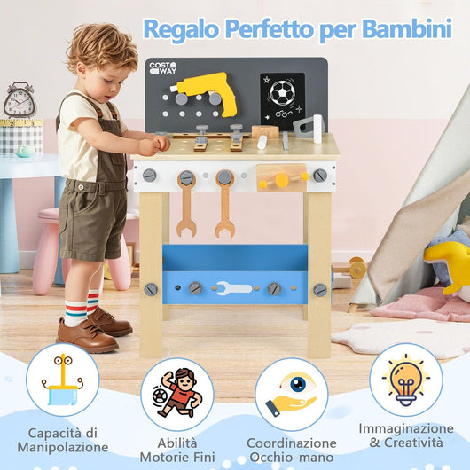 Banco Lavoro Bambini con Set di Attrezzi, Banco da Gioco in Legno con Lavagna e Strumenti da Lavoro, Piano di Lavoro con Trapano, Martello e Chiavi, 51 x 28 x 72 cm, per Bambini 3 + Anni