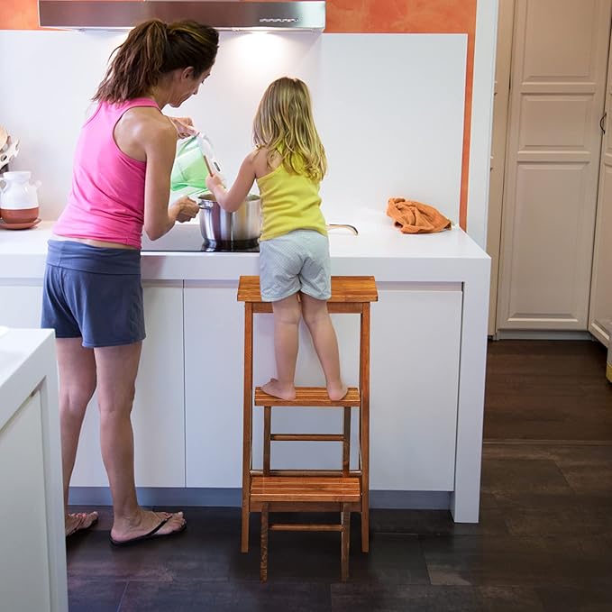 Scaletta Pieghevole, 3 in 1 Scaletta e Sgabello in Legno di Gomma Multifunzione, 3 Gradini, Reversibili Impugnatura, Capacità di Carico 310 kg, Ideale per Studio, Soggiorno (Caffè)