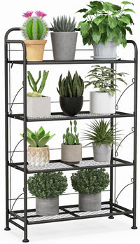 Porta Piante per Interni ed Esterni, Porta Vaso in Metallo Salvaspazio Pieghevole con Ripiano Regolabile, Piedini Regolabili e Struttura Robusta per Salotto, Cortile e Balcone