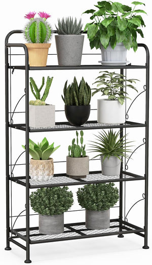 Porta Piante per Interni ed Esterni, Porta Vaso in Metallo Salvaspazio Pieghevole con Ripiano Regolabile, Piedini Regolabili e Struttura Robusta per Salotto, Cortile e Balcone