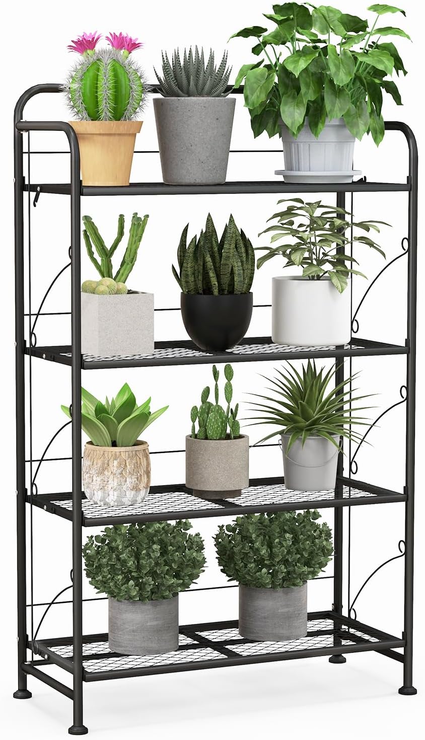 Porta Piante per Interni ed Esterni, Porta Vaso in Metallo Salvaspazio Pieghevole con Ripiano Regolabile, Piedini Regolabili e Struttura Robusta per Salotto, Cortile e Balcone