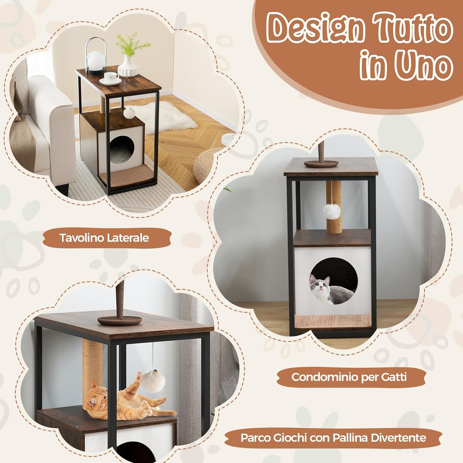 Cuccia per Gatti, Casetta per Gatti con Giocattolo a Palla Pensile e Dispositivo Anti-Ribaltamento, Tavolino Moderno e Multisuo con Case per Gatti, 60 x 36 x 66 cm(Marrone)