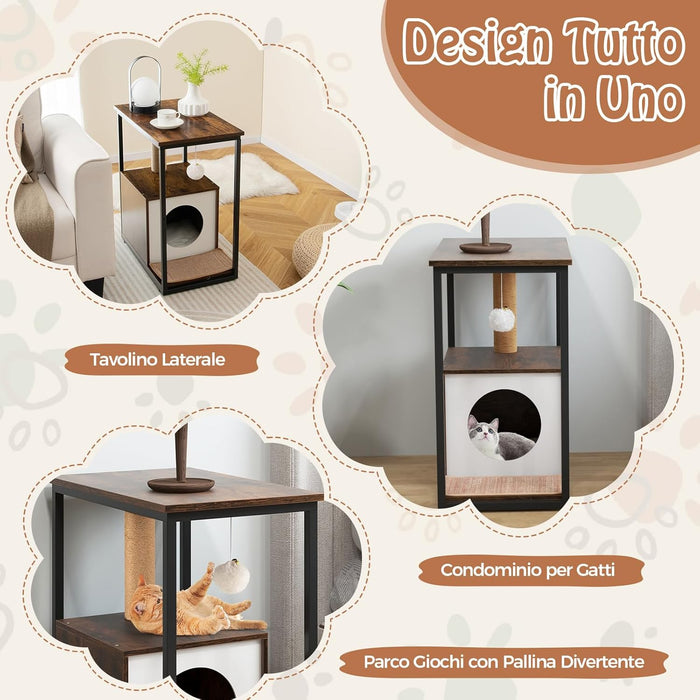 Cuccia per Gatti, Casetta per Gatti con Giocattolo a Palla Pensile e Dispositivo Anti-Ribaltamento, Tavolino Moderno e Multisuo con Case per Gatti, 60 x 36 x 66 cm(Marrone)