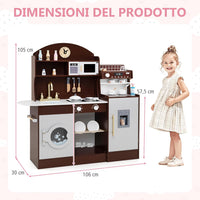 Cucina Giocattolo con Macchina da Caff¨¨ e del Ghiaccio, Cucina per Bambini in Legno con Lavatrice, Microonde, Fornelli e Lavandino, Set Cucina con 27 Accessori, 106 x 30 x 105 cm (Marrone)