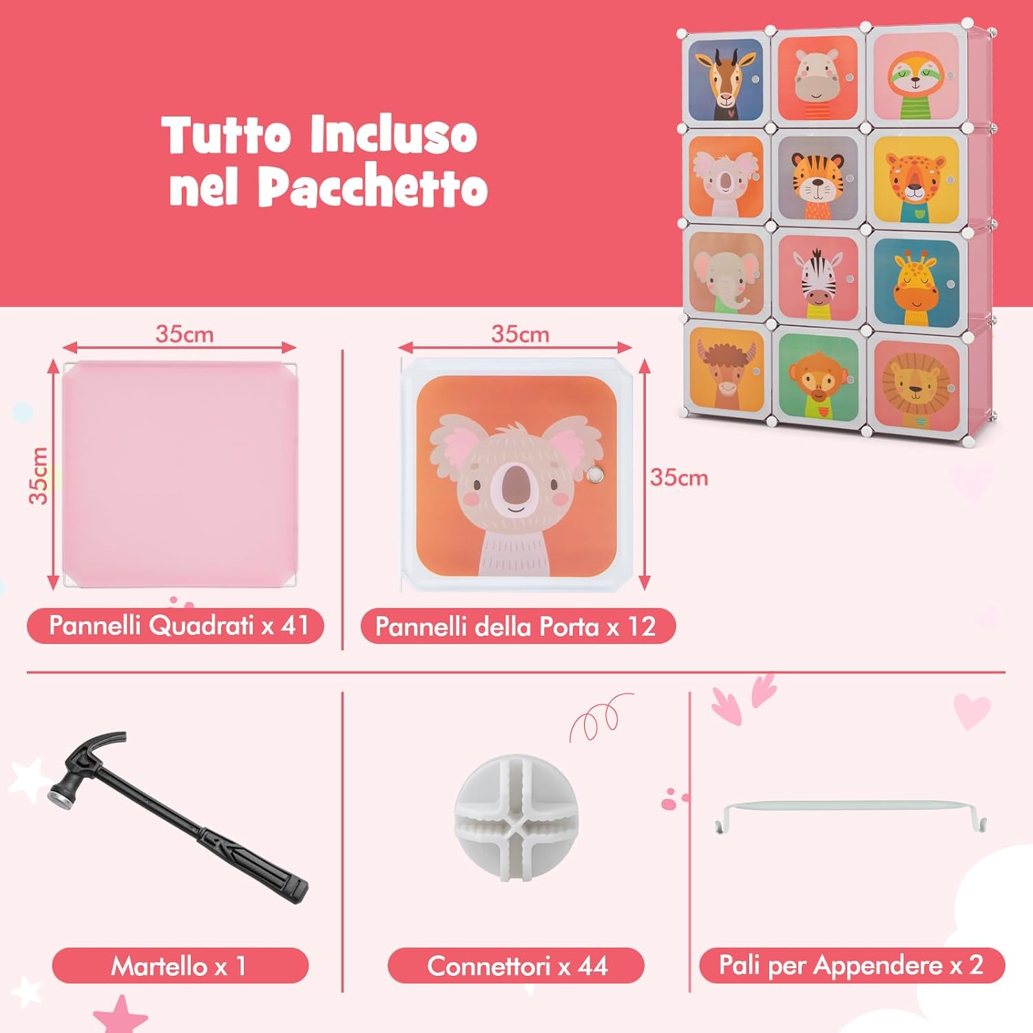 Guardaroba Portatile per Bambini, Armadio Portatile con 12 Cubi, Organizzatore Modulari per Camera dei Bambini Soggiorno, 109 x 35 x 145 cm (Rosa)