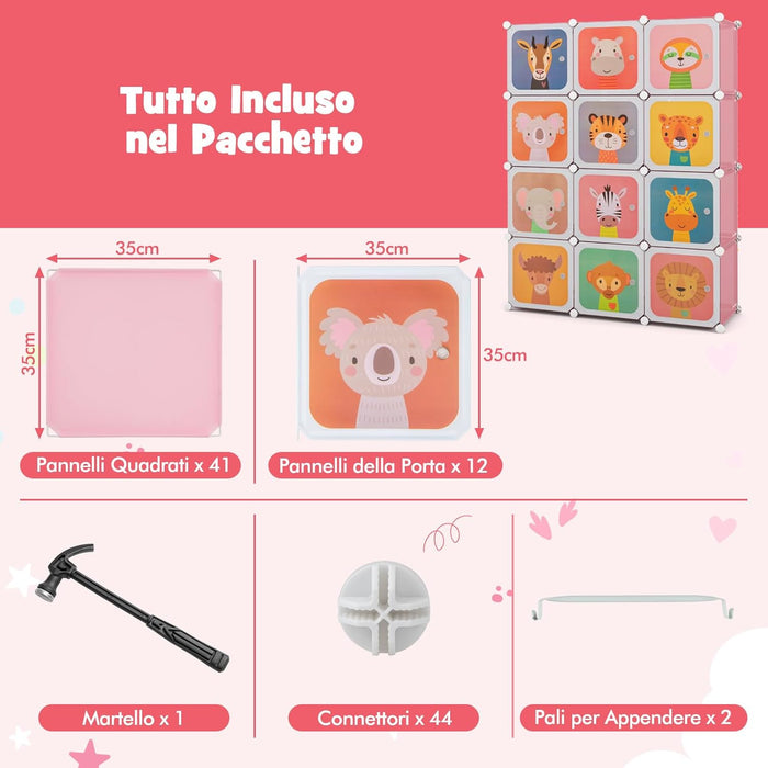 Guardaroba Portatile per Bambini, Armadio Portatile con 12 Cubi, Organizzatore Modulari per Camera dei Bambini Soggiorno, 109 x 35 x 145 cm (Rosa)