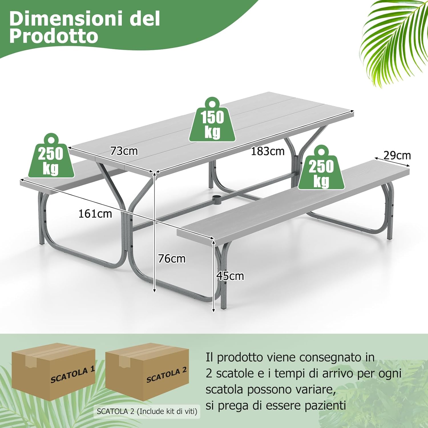 Set Tavolo da Picnic con Panca da 183 cm, Tavolo da Campeggio con 2 Panche per 8 Persone, Foro per Ombrellone, per Giardino, Campeggio, terrazza, Portato Totale 650 kg (Grigio)