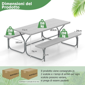 Set Tavolo da Picnic con Panca da 183 cm, Tavolo da Campeggio con 2 Panche per 8 Persone, Foro per Ombrellone, per Giardino, Campeggio, terrazza, Portato Totale 650 kg (Grigio)