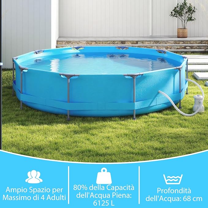 Piscina Fuori Terra 360 x 360 x 76 cm, Piscina Rotonda da Esterno con Struttura Metallica e Pompa Filtro, Capacità 6125 L, da Giardino per Adulti (3,6 m x 76 cm)