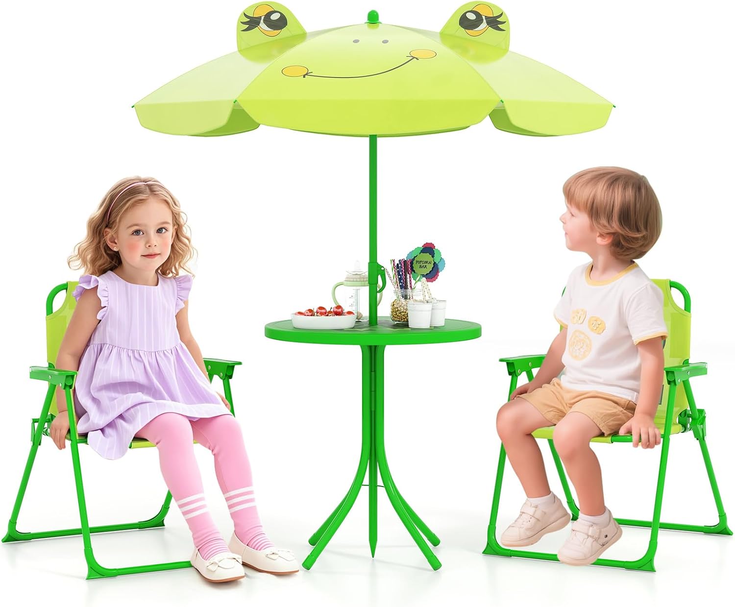 Set Tavolo da Giardino Bambini con 2 Sedie Pieghevoli, Tavolino da Esterno con Ombrellone in Poliestere Regolabile in Altezza, Set Mobili da Giardino per Bambini 3-6 Anni (Rana, Verde Chiaro)