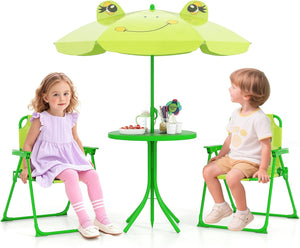 Set Tavolo da Giardino Bambini con 2 Sedie Pieghevoli, Tavolino da Esterno con Ombrellone in Poliestere Regolabile in Altezza, Set Mobili da Giardino per Bambini 3-6 Anni (Rana, Verde Chiaro)
