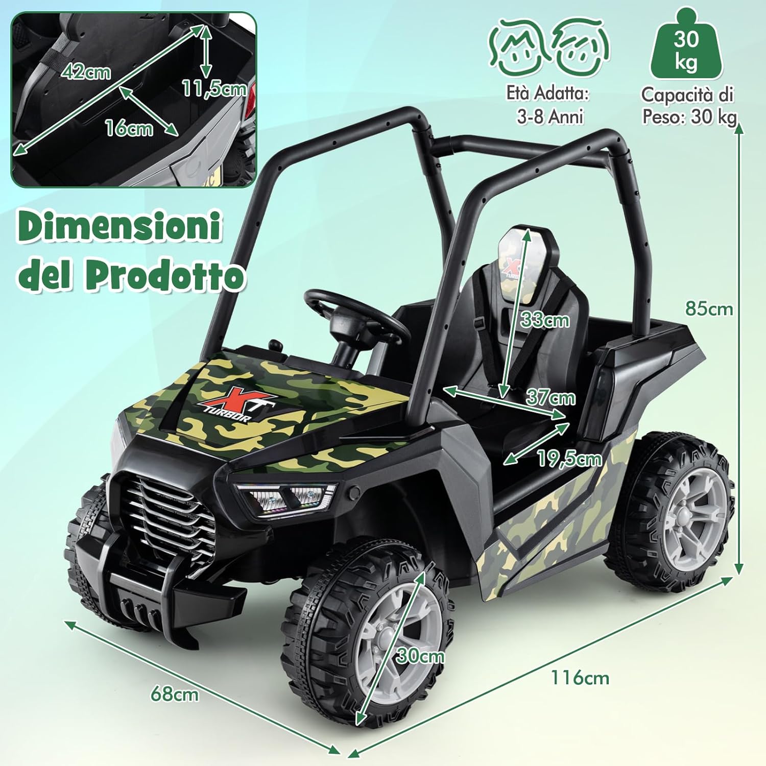 24V Macchina Elettrica per Bambini, UTV Elettrico con Telecomando Cintura di Sicurezza a 3 Punti, 3 Velocità 2,5-4,5 km/h, Partenza Lenta, Veicolo per Bambini di 3-8 Anni (Nero+verde)