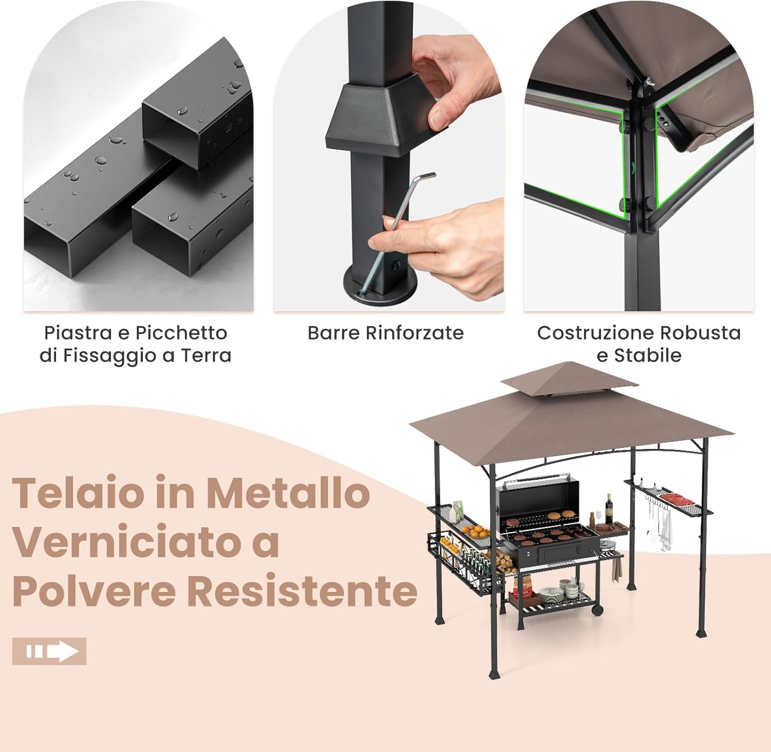 Gazebo per Barbecue, Pergola per BBQ con 2 Ripiani Laterali, Cestino, Ganci Appendiutensili, Apribottiglie, Copertura a 2 Livelli, per Giardino e Cortile, 242 x 153 x 250 cm (Marrone)