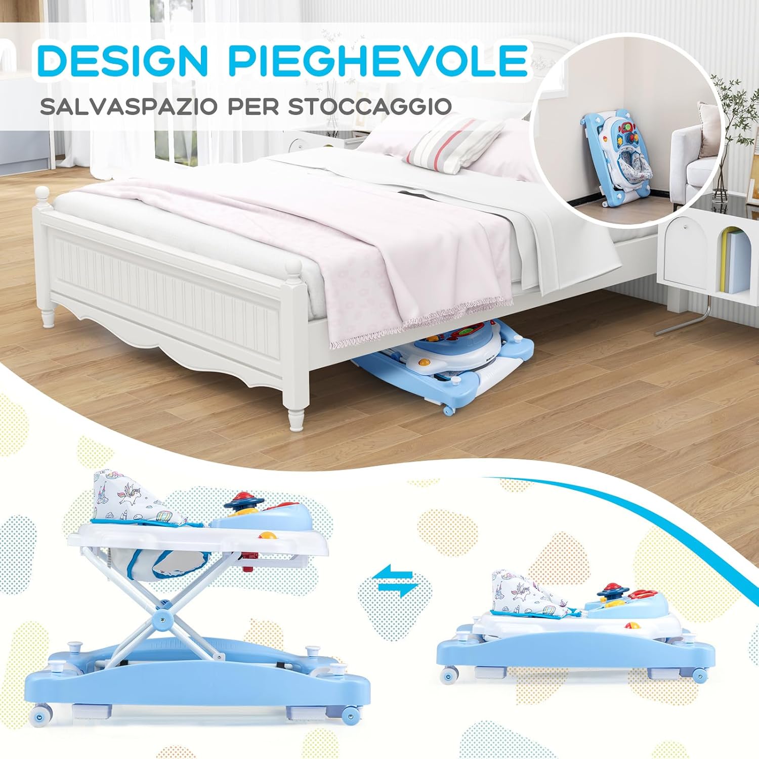 Girello per Bambini 6 in 1, Primi Passi per Neonati con Altezza Regolabile, Sedia a Dondolo per Bambini, Girello Pieghevole con Vassoio Musicale, Cuscino, per Bambini 6+ Mesi (Blu)