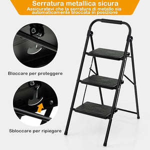 Scala a 3 Gradini, Scaletta Pieghevole con Ampio Pedale, Corrimano e Piedi Antiscivolo, Struttura in Metallo, Carico 265 kg, Nero