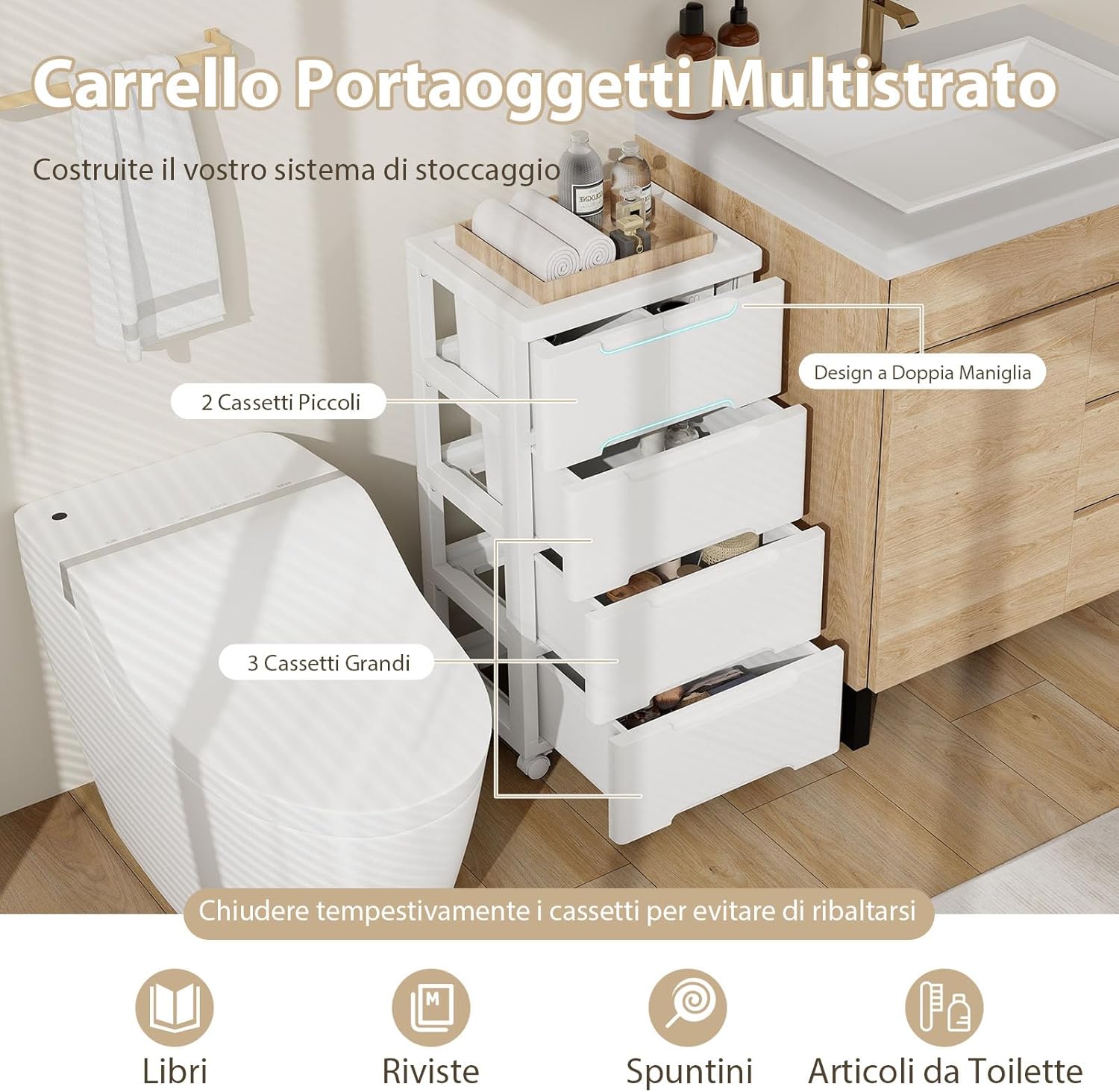 Carrello di Stoccaggio con Ruote, Cassettiera Verticale con Cassetti, Armadietto Contenitore di Stoccaggio, Organizzatore di Plastica per Casa Ufficio (4 cassetti)
