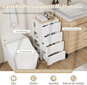 Carrello di Stoccaggio con Ruote, Cassettiera Verticale con Cassetti, Armadietto Contenitore di Stoccaggio, Organizzatore di Plastica per Casa Ufficio (4 cassetti)