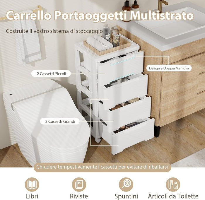 Carrello di Stoccaggio con Ruote, Cassettiera Verticale con Cassetti, Armadietto Contenitore di Stoccaggio, Organizzatore di Plastica per Casa Ufficio (4 cassetti)