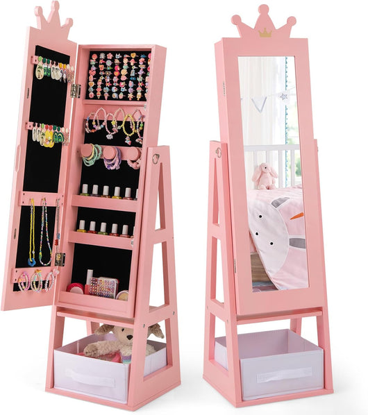 Armadio Portagioie 3 in 1 per Bambini 31,5 x 30 x 115cm, Specchio a Forma di Corona con Ganci, Ripiano e Cassetto in Tessuto, Toeletta per Cameretta (Rosa)