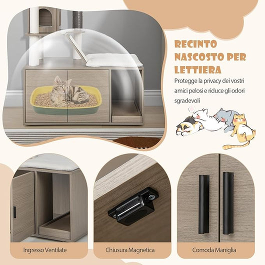 Albero per Gatti con Mobile per Lettiera, Torre per Gatti Moderna 2-in-1 con Doppie Cucce, Piattaforma Superiore, Pali in Sisal, Tiragraffi, Rampino, Piattaforma e Palline, Grigio