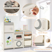 Mobile Porta Giochi per Bambini, Scaffale e Libreria Giochi Multiuso con Lavagna Magnetica Lavello e Rubinetto Rimovibili, Ante e Contenitori, Mobile per Bambini con Pennarelli e Cancellino