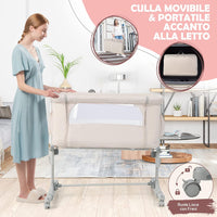 Culla Neonato Fianco Letto 3 in 1, Lettino Dondolo Neonati con Materasso, Culla da Campeggio con Ruote e Borsa, Regolabile In Altezza, Inclinazione di 10°, per Bambini 0-6 Mesi (Beige)
