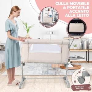 Culla Neonato Fianco Letto 3 in 1, Lettino Dondolo Neonati con Materasso, Culla da Campeggio con Ruote e Borsa, Regolabile In Altezza, Inclinazione di 10°, per Bambini 0-6 Mesi (Beige)