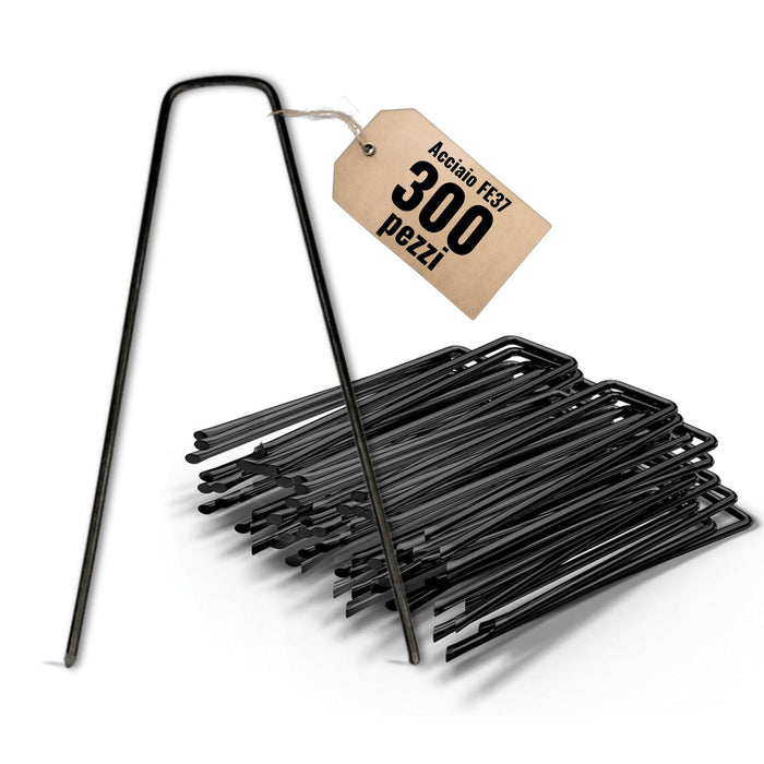 Picchetti telo Pacciamatura in Acciaio FE37, 300 pz Picchetti a U ø3 mm 17x3x17 cm, Picchetti Giardino, Chiodi per Telo, Prato Sintetico