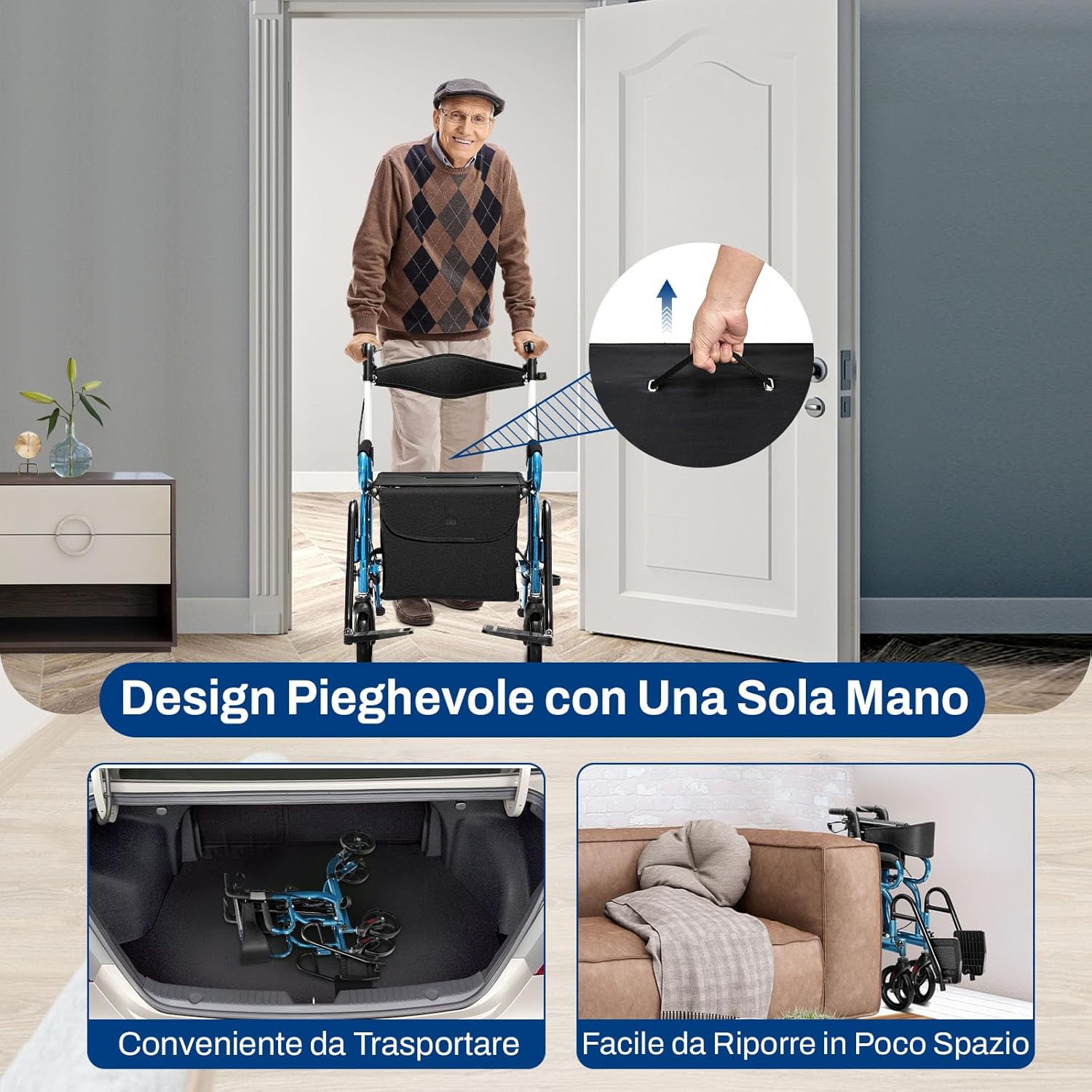 Deambulatore 2 in 1 per Anziani in Alluminio, Rollator Pieghevole e Regolabile in Altezza con Sedia, Schienale Reversibile, Manici Regolabili, Ruote, Poggiapiedi e Borsa Rimovibile (Blu)