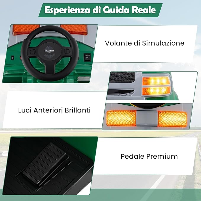Macchina Elettrico per Bambini 12V, Auto Cavalcabile con Pala, Estintore, Scala, Casco di Sicurezza, 4 Ruote, Sirena e Clacson, Camion Realistico dei Pompieri per Bambini 3-8 Anni (Verde)