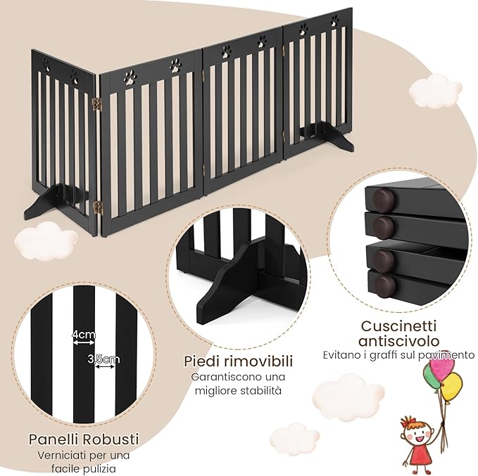 Cancelletto di Sicurezza Pieghevole, Barriera per Animali Domestici, in Legno, 4 Pannelli, 203 x 60 x 1,5 cm (Marrone)