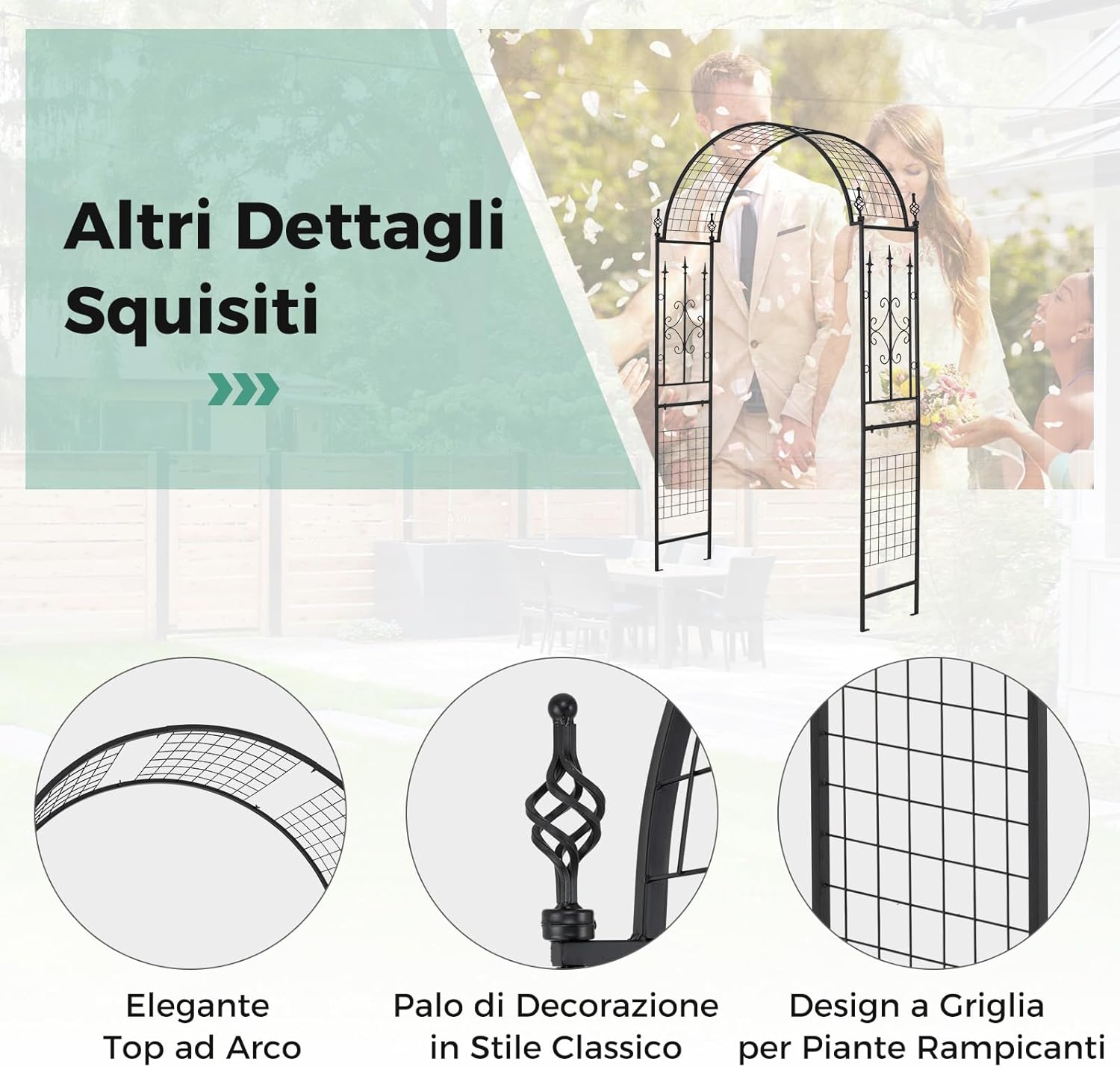 Arco da Giardino per Rampicanti, Arco da Giardino Supporto per Rose in Metallo Zincato Resistente, Arco Decorativo a Cupola per Feste e Ceremonie, 143 x 40 x 234 cm, Nero