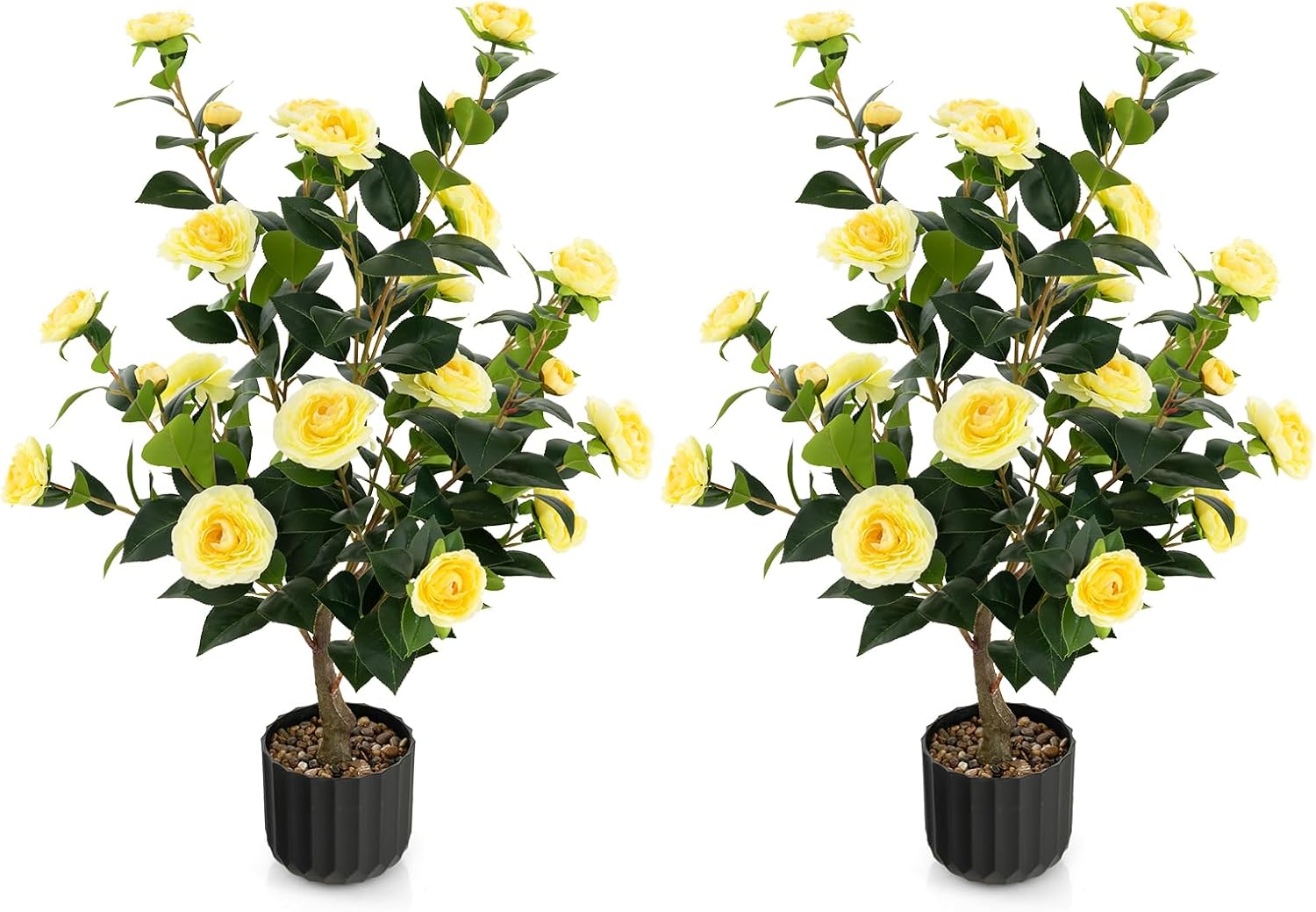 Albero di Camelia Artificiale da 95 cm, Pianta Artificiale con Fiori Finti in Vaso di Cemento, Decorazione per Casa e Ufficio (Giallo)