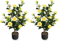 Albero di Camelia Artificiale da 95 cm, Pianta Artificiale con Fiori Finti in Vaso di Cemento, Decorazione per Casa e Ufficio (Giallo)
