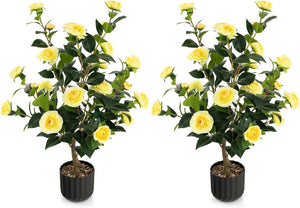 Albero di Camelia Artificiale da 95 cm, Pianta Artificiale con Fiori Finti in Vaso di Cemento, Decorazione per Casa e Ufficio (Giallo)