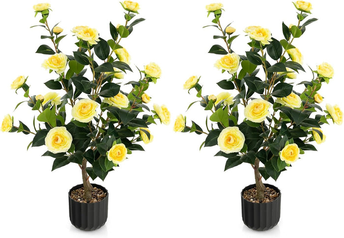 Albero di Camelia Artificiale da 95 cm, Pianta Artificiale con Fiori Finti in Vaso di Cemento, Decorazione per Casa e Ufficio (Giallo)