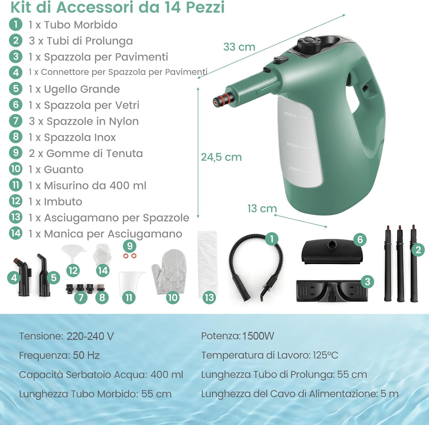 1500W Pulitore a Vapore Portatile, Macchina a Vapore con Serbatoio d'Acqua da 400 ml Blocco per Bambini e Kit di Accessori da 14 Pezzi, 33x13x24,5 cm (Verde)