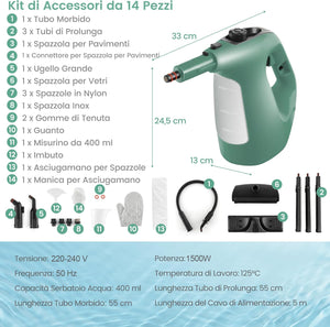 1500W Pulitore a Vapore Portatile, Macchina a Vapore con Serbatoio d'Acqua da 400 ml Blocco per Bambini e Kit di Accessori da 14 Pezzi, 33x13x24,5 cm (Verde)