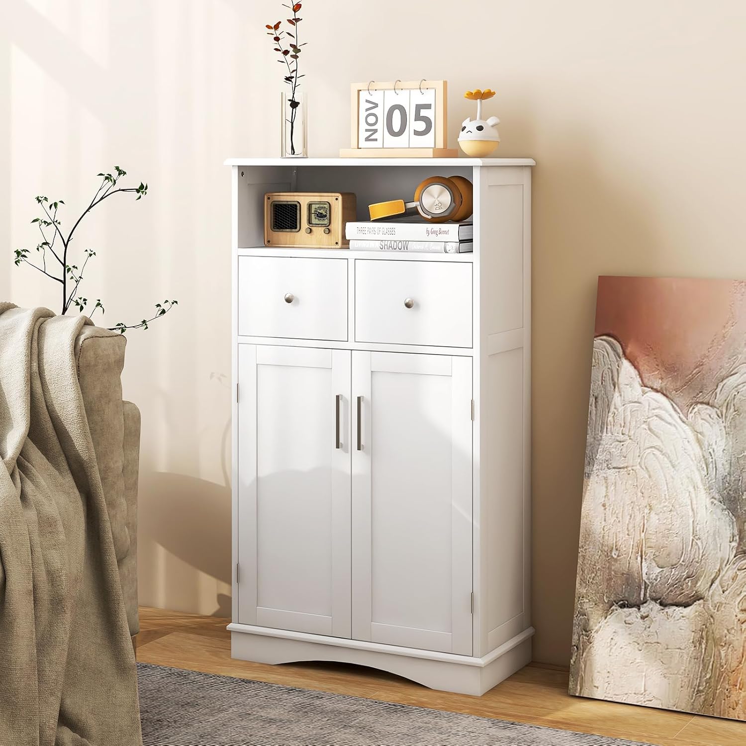 Armadio da Terra con 2 Porte, Mobile da Bagno con 2 Cassetti e 2 Ripiani Regolabili, Mobiletto Multifunzionale per Bagno Cucina e Soggiorno, 60x30x108 cm (Bianco)