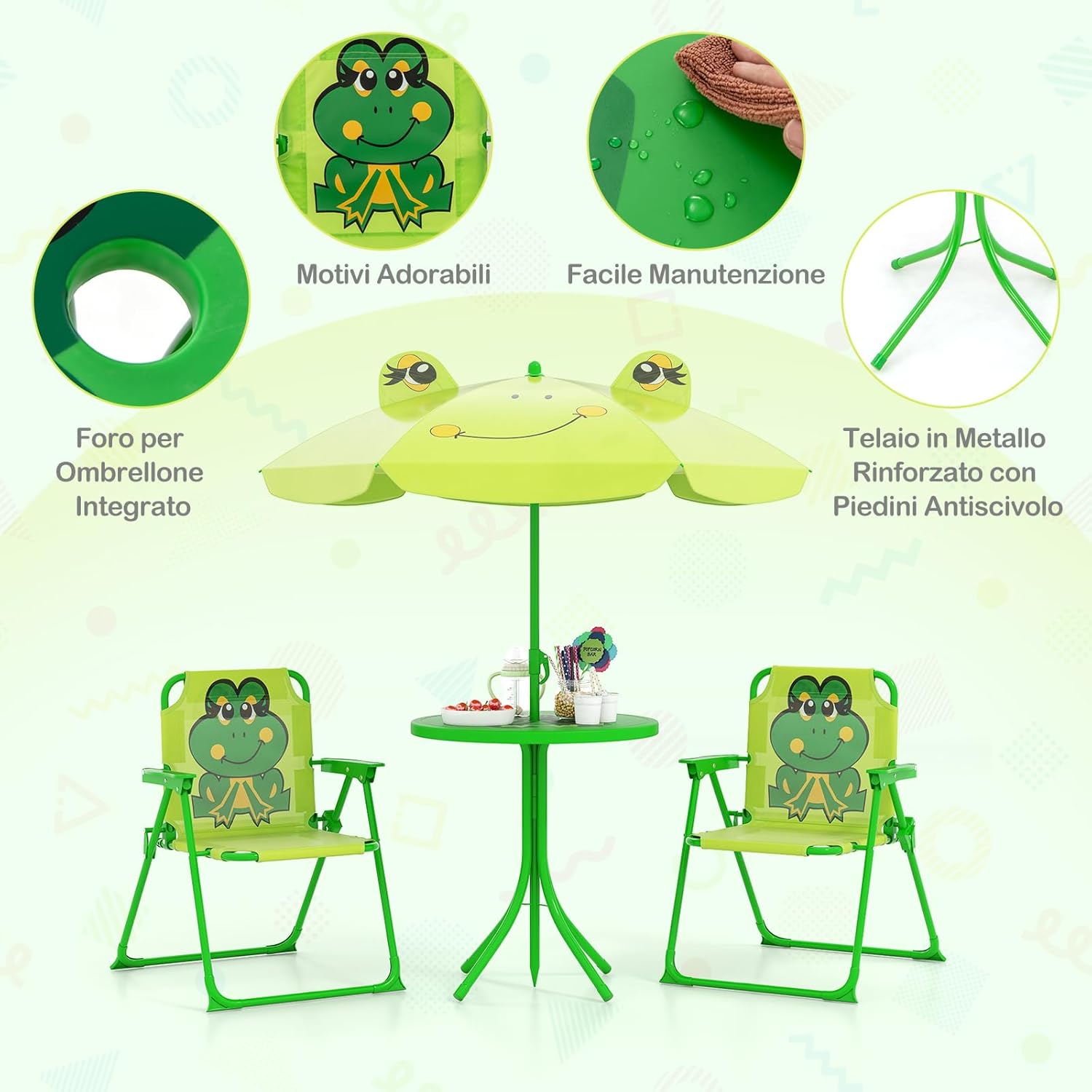 Set Tavolo da Giardino Bambini con 2 Sedie Pieghevoli, Tavolino da Esterno con Ombrellone in Poliestere Regolabile in Altezza, Set Mobili da Giardino per Bambini 3-6 Anni (Rana, Verde Chiaro)