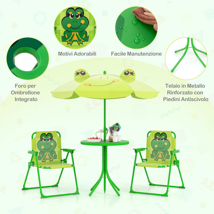 Set Tavolo da Giardino Bambini con 2 Sedie Pieghevoli, Tavolino da Esterno con Ombrellone in Poliestere Regolabile in Altezza, Set Mobili da Giardino per Bambini 3-6 Anni (Rana, Verde Chiaro)