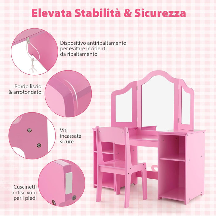 Set Toeletta per Bambini 2 in 1, Set Postazione Trucco in Legno con Sedia, Specchio a 3 Ante Rimovibile e 4 Scomparti, per Bambini 3+ Anni (Rosa)