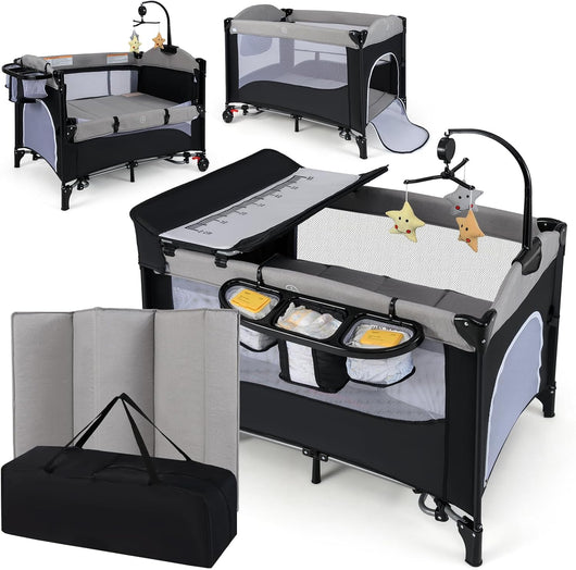 5-in-1 Lettino da Campeggio con Materasso, Lettino per Bambini con Fasciatoio, Lettino Pieghevole e Portabile, Altezza Regolabile in 5 Livelli, per Bambini 0-9 Mesi (Grigio+Nero)