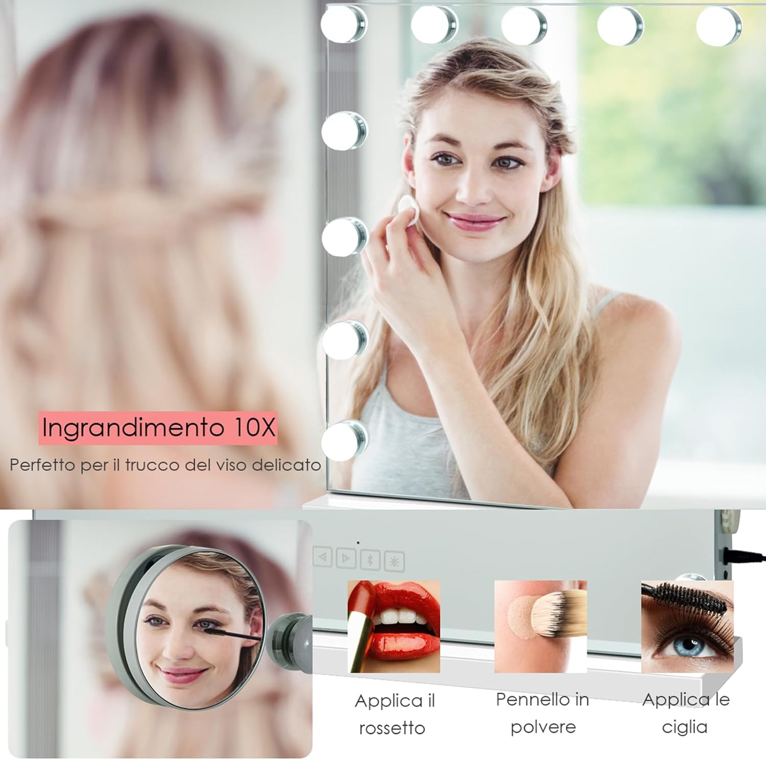 Specchio per Trucco Illuminato con 15 Lampadine Luci LED, Specchio da Toeletta Controllo Touch, per Scrivania Muro, 3 Modalit¨¤ di Colore, con Altoparlante Bluetooth USB, 58x48 cm