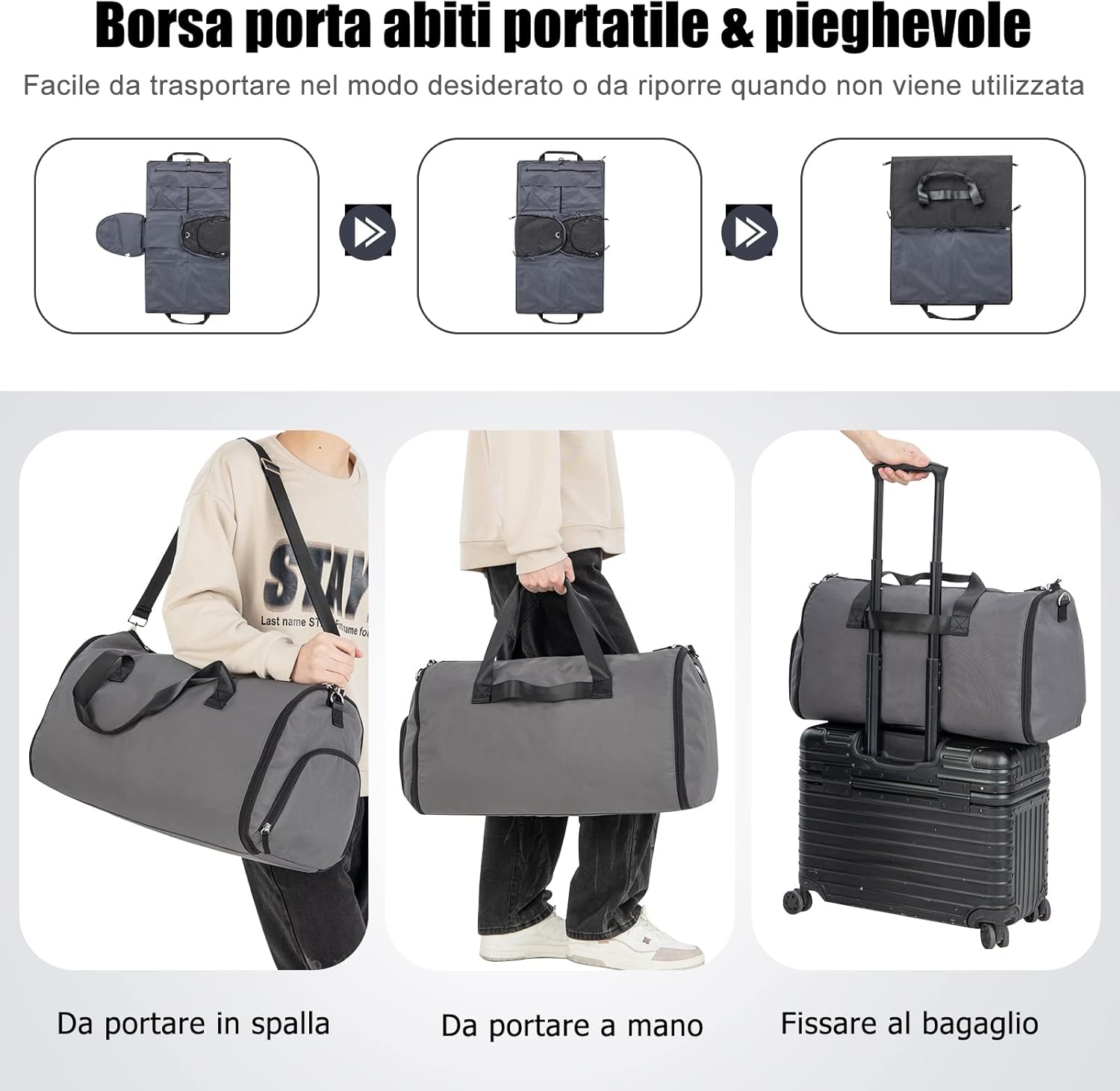 Borsone da Viaggio e Porta Abiti 2 in 1, Borsa da Viaggio con Scomparto per Scarpe e Tracolla Regolabile, Impermeabile, 50L (Grigio Scuro)