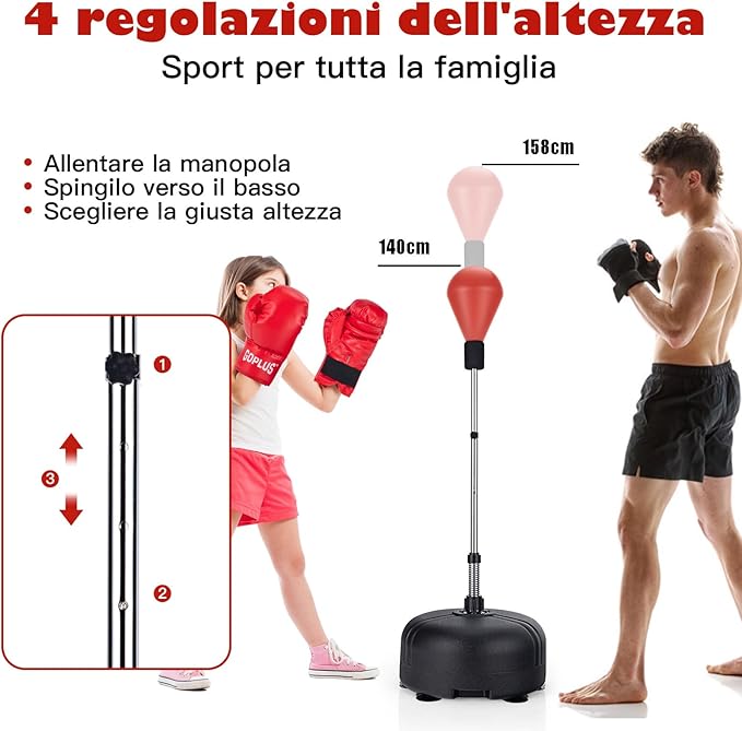 Sacco da Boxe da Terra Regolabile in 4 Posizioni, Sacco da Boxe con Supporto e Base Stabile, Ideale per Adulti e Bambini