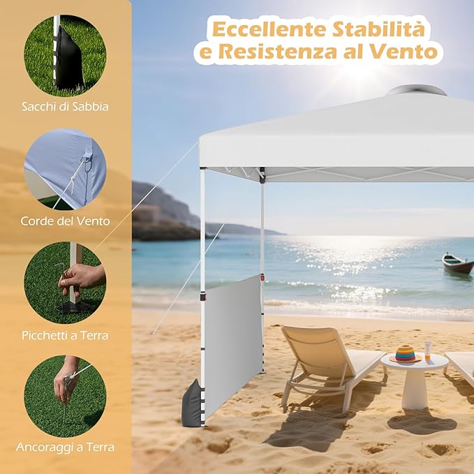 Gazebo Pieghevole 3 x 3 m da Esterno Impermeabile, Gazebo da Esterno con Borsa da Trasporto con Ruote, Tenda Pop-up Regolabile in Altezza per Giardino, Spiaggia, Feste e Barbecue (Bianco)