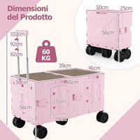 Carrello da Spiaggia Pieghevole 150 L, Carrello con Ruote Portatutto con Armadio a 2 Livelli e Manico Telescopico in Metallo, Carretto Giardino Portatile per Campeggio, Portata 120 kg (Rosa)