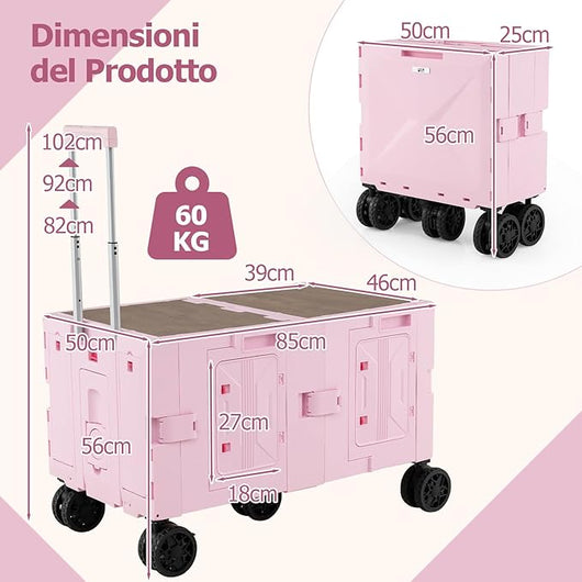 Carrello da Spiaggia Pieghevole 150 L, Carrello con Ruote Portatutto con Armadio a 2 Livelli e Manico Telescopico in Metallo, Carretto Giardino Portatile per Campeggio, Portata 120 kg (Rosa)