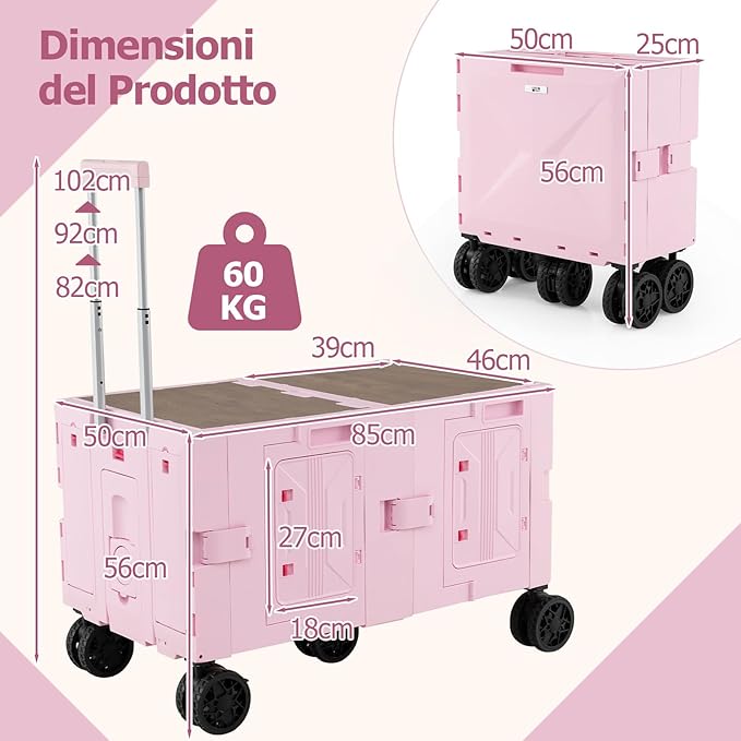 Carrello da Spiaggia Pieghevole 150 L, Carrello con Ruote Portatutto con Armadio a 2 Livelli e Manico Telescopico in Metallo, Carretto Giardino Portatile per Campeggio, Portata 120 kg (Rosa)
